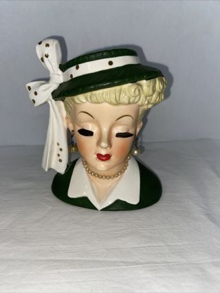 Vintage 1956 Napco Lady Head Vase Planter C2633b Lucy Lucille Ball Green Hat