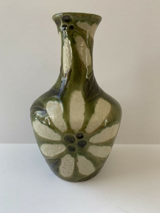 Vintage Studio Art Pottery Vase Unique Green Glazing Large White Flowers Signed