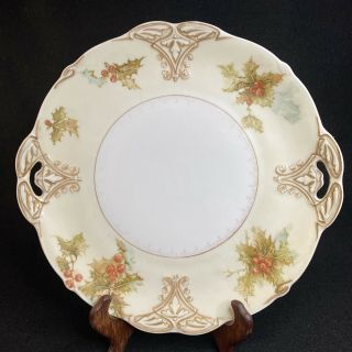 Antique Ohme Silesia Old Ivory Porcelain Handled Cake Plate Germany Holly 11 "