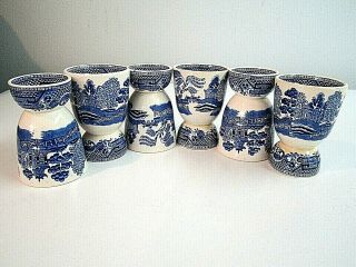 Set Of 6 Vintage Blue Willow Double Egg Cups In & Rare/htf