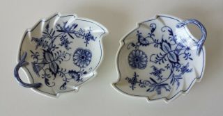 Two Vintage Blue Onion Leaf Shaped Nut Dishes W Meissen Embossed Maker 