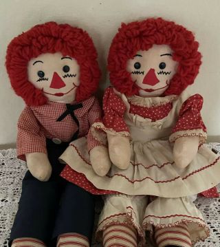 Vintage Raggedy Ann & Andy Cloth Rag Dolls Handmade Matching Pair 23”