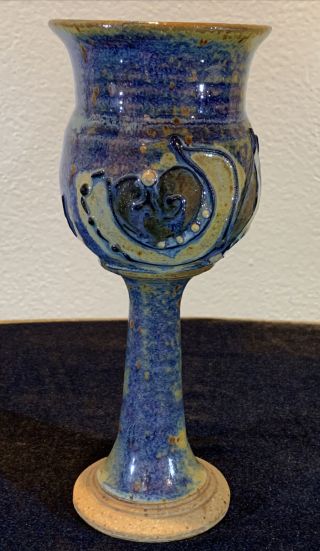 Don Poole Earth Fire & Spirit Pottery Goblet Blue Glaze Slip Decorated Studio