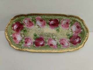 Antique O&eg Royal Austria Oval Dish Hand Painted Red And Pink Roses.  12 " X5.  5 "