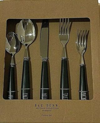 Rae Dunn 5 Pc Flatware Cutlery Set Black Matte Fork Spoon Knife Taste Yum Delish