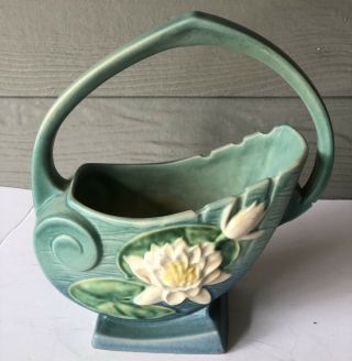 Roseville Pottery Blue Water Lily 381 - 10 Flower Basket Planter