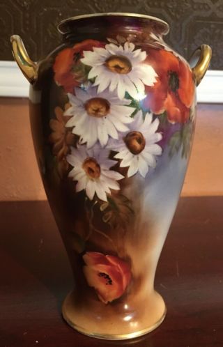 Gorgeous Rare 8” Old Noritake/nippon Vase Hand Painted Daisies & Poppies Mark 27
