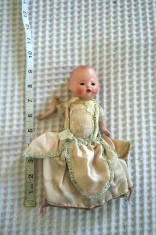 Antique Painted Pot or Composition Head Baby Doll in Silk Dress 9 inches - TLC 2