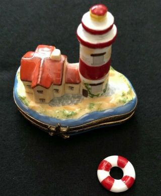 Vintage Limoges Peint Main Lighthouse With Red/white Life Preserver Ring Inside