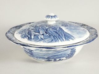9 1/4 " Covered Serving Bowl - Liberty Blue Staffordshire Historic Colonial Scenes
