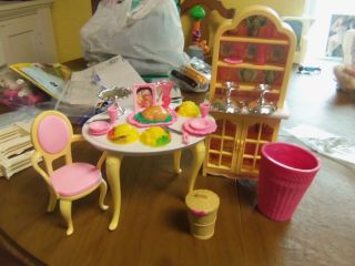 Mattel Barbie Pink Dining Room Table Chair China Cabinet Hutch Buffet & Access.
