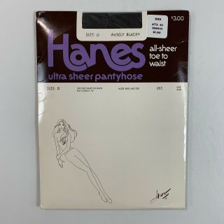 Vintage Hanes Ultra Sheer Nylon Pantyhose Nude Heel & Toe Barely Black Size D