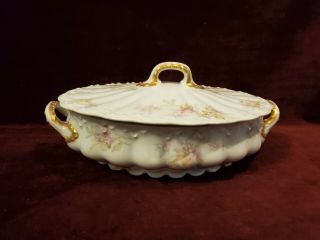 Antique 1903 Theodore Haviland Limoges Lidded Oval Dish Floral With Gold Trim