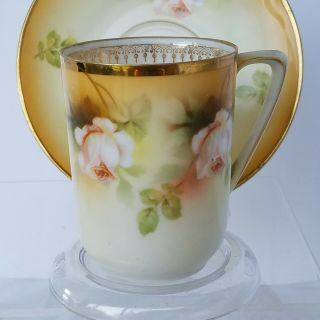 Pair Vintage R.  S.  Germany Porcelain Demitasse Cups Saucers Dreamy Pink Roses