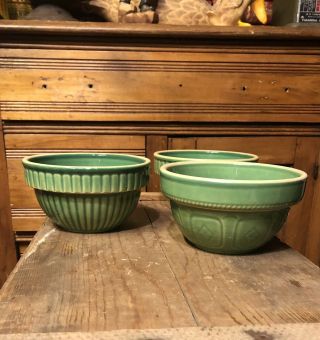 Set Of 3 Over And Back Yellow Ware Small Green Mixing Bowls 6”