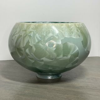 Crystalline Glaze Studio Art Pottery Footed Vase Bowl Aqua Celadon Green Signed