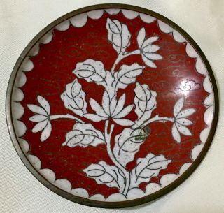 Antique Chinese Cloisonne Trinket Dish Burnt Red Backgound Floral Motif