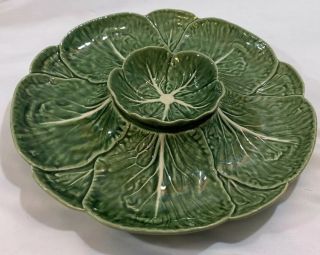 Bordallo Pinneiro Portugal Vintage Green Cabbage Leaf Chip And Dip Bowl Plate