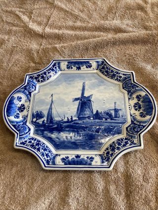 Delfts Wall Plate Platter Blue & White Windmill Stream Cottages Floral Trim