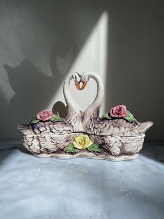 Vintage Capodimonte Porcelain Double Swan Tureen / Sauce Boat