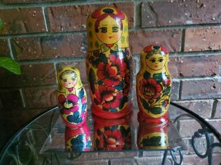 Vintage Wood Russian Matryoshka 6 Pc Nesting Dolls Hand Painted | Large 7.  5”