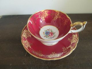 Aynsley Bone China England Tea Cup And Saucer Burgundy Red Gold Flowers Rose