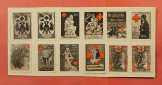 12 Early Wwi? Red Cross Stamps Cinderellas Hinged To Card