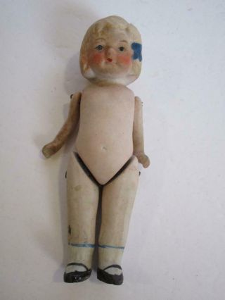 Vintage Japan Bisque Frozen Charlotte Kewpie Penny Jointed Doll 6 " Blue Bow Deco