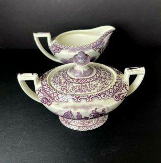 Vintage Colonial Times England Crown Ducal Purple Mayflower Cream And Sugar