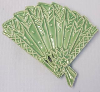 Vintage Mccoy Pottery Pale Green Fan Wall Pocket Flowers Lattice Leaves Blemish
