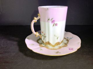 K) Limoges France M Redon Cup And Saucer Pink Flowers Gold Tall Cup Demitasse
