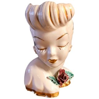 Vintage 1950s Gold Trim Woman Lady Head Vase Burgundy Green Rose Flower Earrings