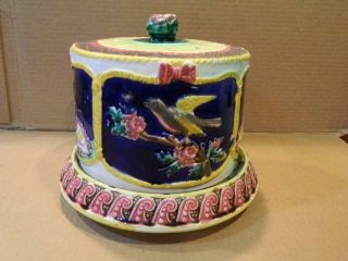 Rare Majolica Cheese Dome Cobalt Blue Bird & Water Lily Designs Listed Antique