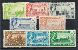Gerald King Lundy Isle Set Of 8 Single Coloured Railway Stamps U/m Lot 4891d