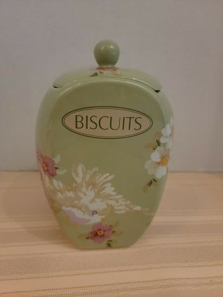 Songbird Garden By Rosie B.  Farmer Green Ceramic Biscuits Canister & Lid Euc