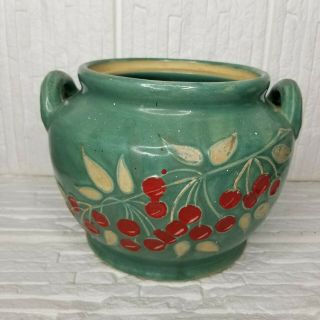 Vintage Red Wing Stoneware Pottery Handled Bean Pot Cherries Turquoise And Red
