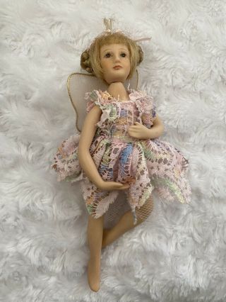 Vintage Porcelain Fairy Doll With Pink Multicolored Dress & Elastic Strung Limbs