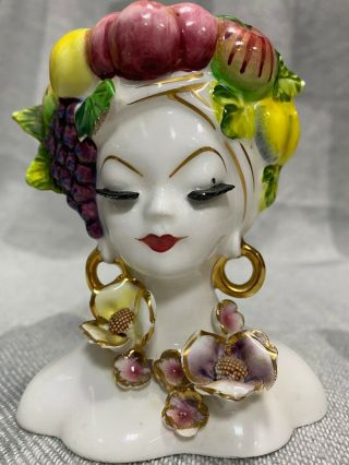 Lefton Carmen Miranda Lady Head Vase Fruits Golden Earing