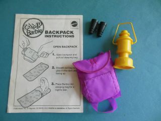 Vintage 1993 Camp Barbie Doll Mattel Sleeping Bag Backpack Lantern Binoculars