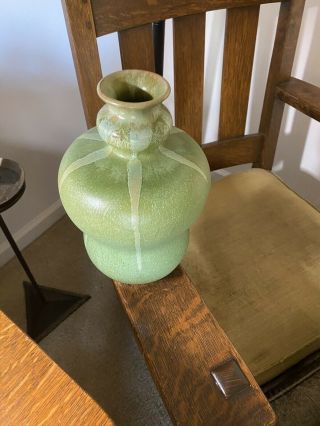 Vintage Clifton Style Matte Green Drip Glaze Pottery Vase 10 3/8”