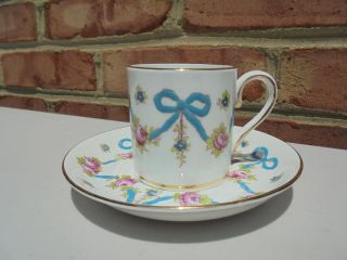 Vintage Crown Staffordshire Porcelain Blue Ribbon & Bow Demitasse Cup & Saucer