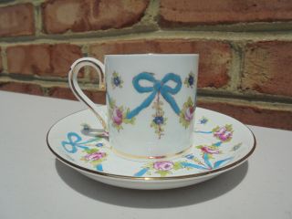 Vintage Crown Staffordshire Porcelain Blue Ribbon & Bow Demitasse Cup & Saucer 2