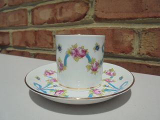 Vintage Crown Staffordshire Porcelain Blue Ribbon & Bow Demitasse Cup & Saucer 3