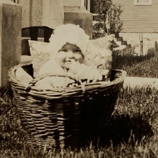 Antique Vintage Sepia Snapshot Photo Adorable Baby Infant In Laundry Basket