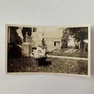 Antique Vintage Sepia Snapshot Photo Adorable Baby Infant In Laundry Basket 2