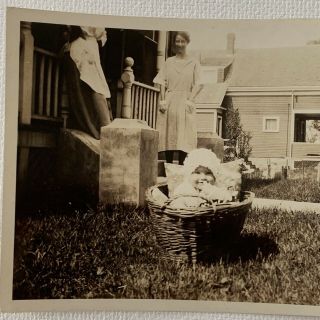 Antique Vintage Sepia Snapshot Photo Adorable Baby Infant In Laundry Basket 3