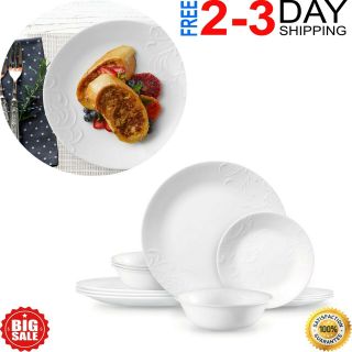 12 - Piece Dinnerware Set Round Dinner Plates Dish Service For 4 White Porcelain