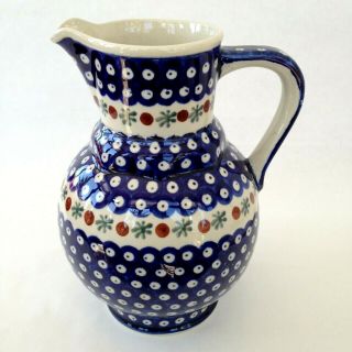 Boleslawiec Polish Pottery Pitcher Vintage Blue Hand Painted Ceramic 9 1/2 Inch