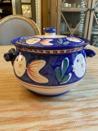 Vintage Vietri Italy Solimene Hand Painted Blue Soup Tureen With Lid