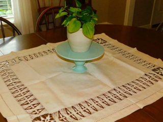Antique Vintage Hand Drawn Thread Work Linen Tablecloth Ecru 38x31 " Needle Lace